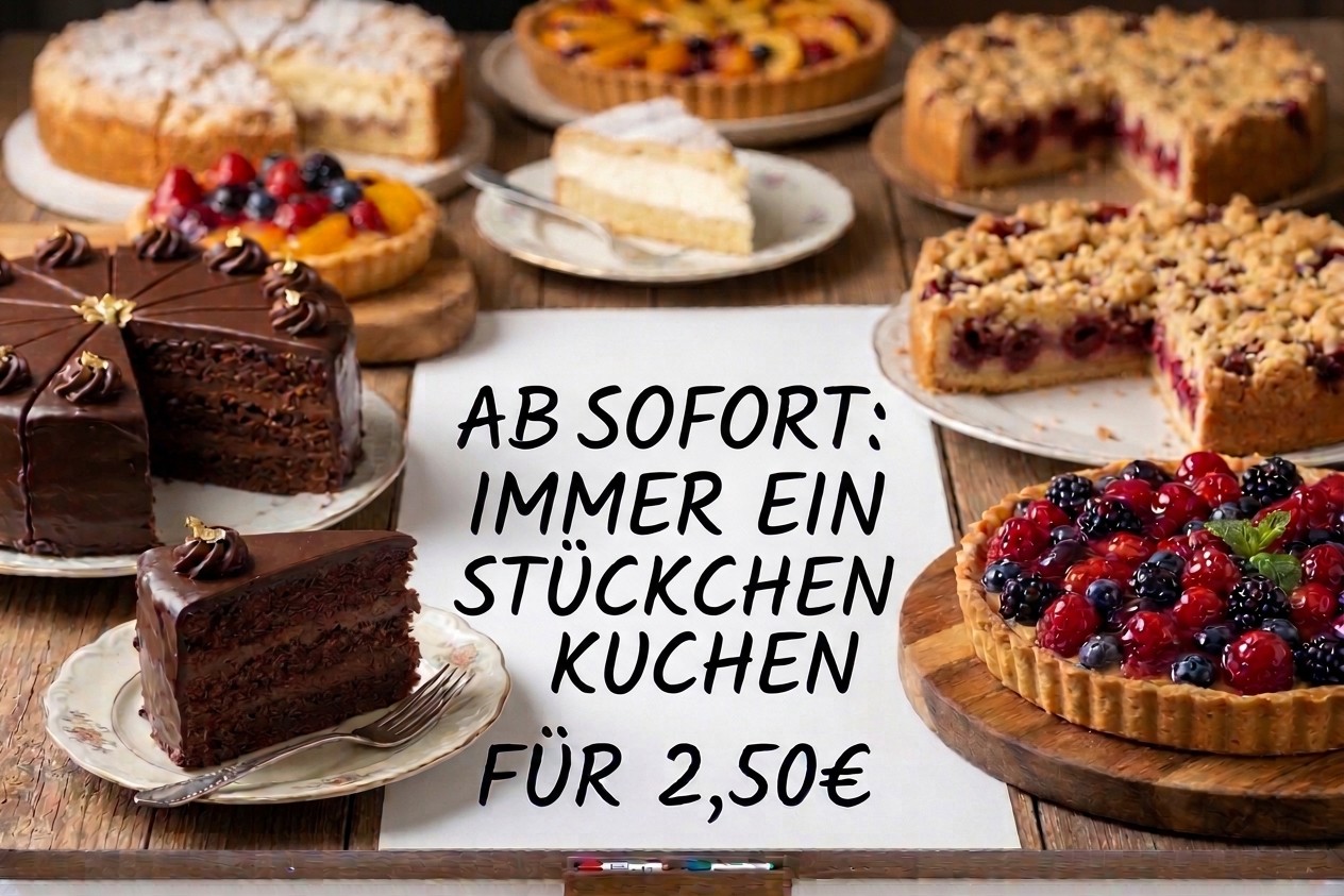 Verschiedene Kuchen auf einem Holztisch, in der Mitte ein Schild: Ab sofort immer ein Stückchen Kuchen für 2,50 € (Symbolbild, KI-generiert)